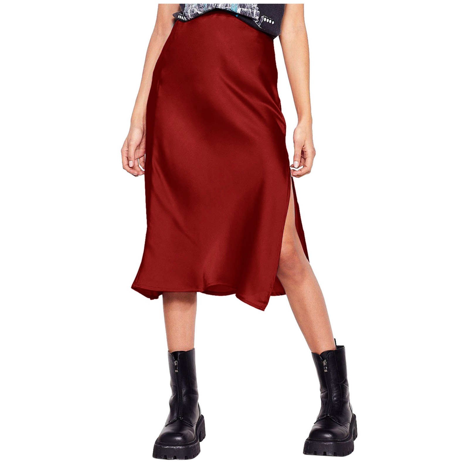 thumbnail image 2 of Falda de satén de cintura alta para mujer - Minifalda evasé con cintura elástica y cremallera - Elegante para fiestas/oficina - Tejido de satén S-XL, 2 of 5
